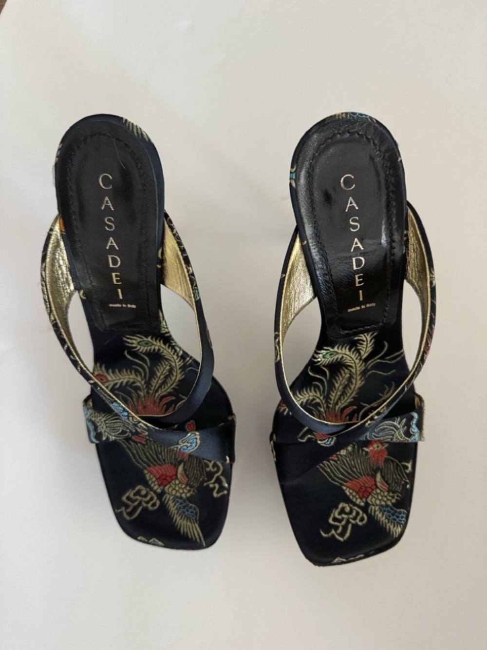Vintage never worn Casadei Black Satin Embroidered Slide Sandals - Black